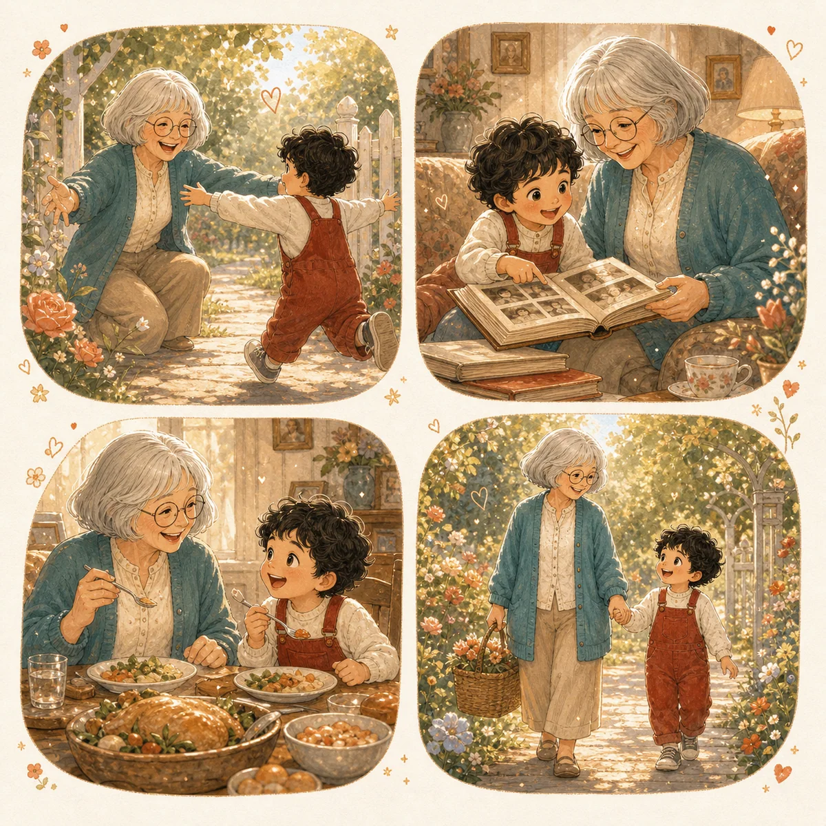 A storybook-style photo gift for grandparents with the same grandmother and grandson across four scenes