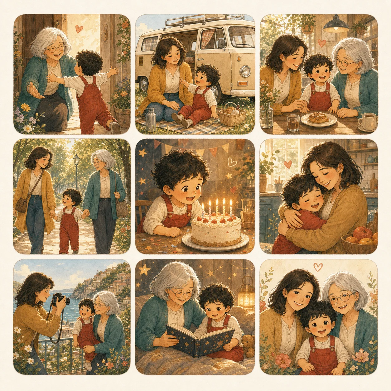 A 3 by 3 storybook memory collection with the same family appearing across every scene